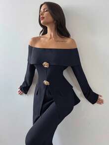Firerie 女士优雅露肩长袖上衣和裤子两件套，适合秋冬通勤 - 藏蓝色 - 查看 6