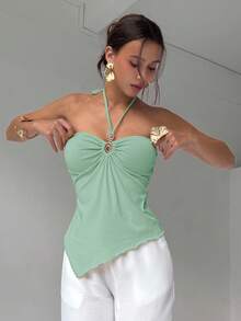 Aloruh 女式 Y2K 纯色不对称下摆时尚露背吊带背心 - 淺藍色 - 查看 4