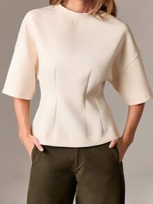 AiiRZ Lantern Sleeve Peplum T-Shirt Round Neck Short Sleeve Top Structured Design Casual Blouse - Apricot - View 4