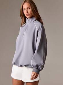AiiRZ Chaqueta deportiva con cremallera de cuarto para mujer de talla grande, chaqueta informal de punto ligera con puños y cuello acanalados para otoño, invierno y primavera - Gris - Ver 5