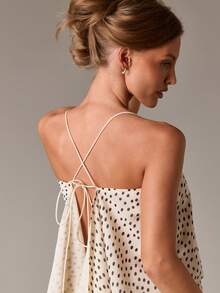 AiiRZ Áo hở vai chấm bi trong suốt có chi tiết buộc sau lưng, áo cánh không tay mùa hè - Đen và trắng - Xem 4