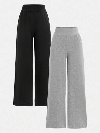 SHEIN Sparklyn 少女纯色松紧腰宽松休闲运动裤