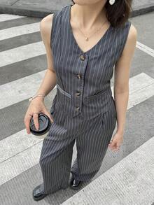 2pcs Set: Elegant Striped Vest + Suit Pants For Teens, Urban Commuting & Party Outfit - Grey - View 3