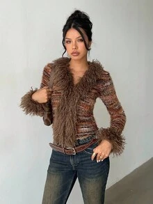 Aloruh Áo dài tay chắp vá bằng lông giả dành cho lễ hội âm nhạc dành cho nữ, Thu/Đông, Mùa thu, Y2K, Áo phông dài tay, Áo chui đầu, Mùa thu dành cho nữ, Mùa thu, Mùa đông, Trang phục Halloween, Trang phục thường ngày dành cho nữ, Mùa đông dành cho nữ - Nhiều màu - Xem 4