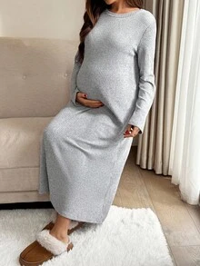 SHEIN Đầm thun trơn cổ tròn tay dài dáng rộng thoải mái cho bà bầu - Xám - Xem 5