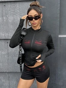 SHEIN ICON 2件套女士黑白渐变色水钻装饰紧身超短裤套装 - 黑與白 - 查看 6