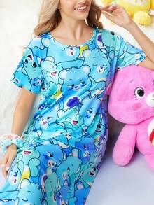 女士可爱卡通 SweetSlumber X Carebears 图案圆领短袖睡衣连衣裙，卡通睡衣，哞哞睡裙 - 彩色 - 查看 7