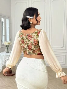 Dreamara 大码女式度假荷叶边装饰领口灯笼袖复古秋季衬衫