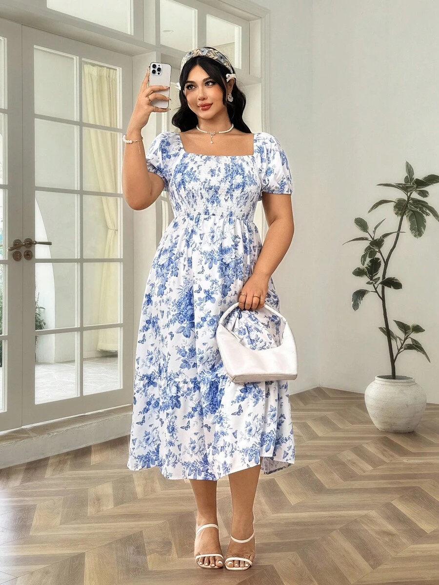 SHEIN WYWH Plus Size Women's Boho Holiday Blue And White Floral Printed Square Neckline Cinched Waist Dress, For Summer - Blue and White - View 1