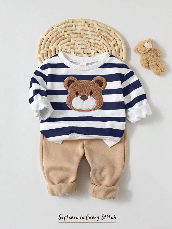 Cozy Pixies Conjunto de 2 piezas de niño bebé con sudadera con capucha de manga larga con estampado de oso de dibujos animados y rayas de colores, y pantalones de cintura elástica de unicolor hasta el tobillo