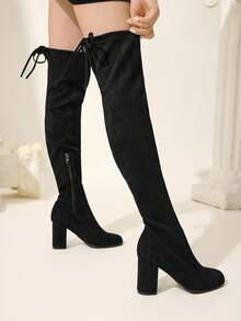 CUCCOO CHICEST 女士优雅性感百搭绒面革弹性及膝靴，蝴蝶结装饰，方头粗跟，适合约会、派对、工作、感恩节、圣诞节、万圣节 - 黑色 - 查看 5