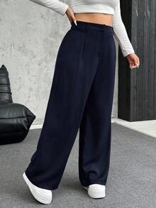 SHEIN EZwear 秋冬大码纯色褶皱阔腿宽松休闲裤 - 藏蓝色 - 查看 6