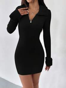 SHEIN EZwear 秋冬女士修身翻领毛衣裙，毛茸茸袖口 - 黑色 - 查看 5