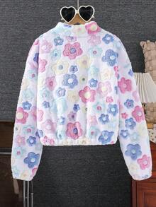 SHEIN 1 件女童花卉印花拉链立领毛茸茸夹克，秋冬休闲外套 - 彩色 - 查看 2