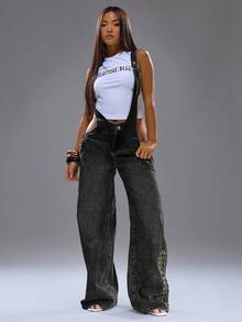 MUSERA 极致露肩背带裤，印花图案，春夏街头风，Y2K酷女孩可爱都市缪斯返校季冬季休闲时尚款 - 黑色 - 查看 1