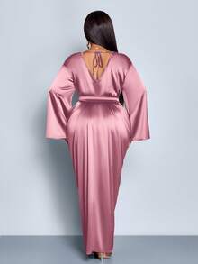 SOLERSUN 大码春秋新款亮面面料V领褶皱腰长袖开衩系带蝴蝶结长裙优雅办公室生日派对舞会性感俏皮鸡尾酒婚礼季演唱会礼服时尚女装 - 藕粉色 - 查看 3