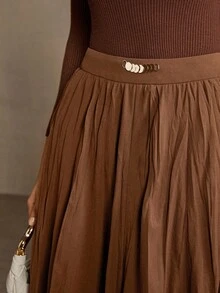 MOTF PREMIUM WOMEN'S ELEGANT PLEATED FLARED FLOWY SKIRT - Brown - View 6