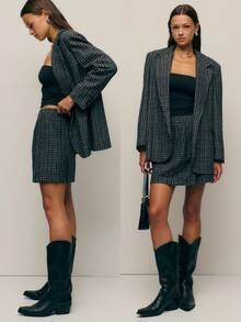 Nöista Nöista's Black Tweed Suit Set Pairs An Oversized Longline Blazer With A Matching Mini Skirt-Ideal For Fall Office Outfits, Polished Winter Looks, Or Stylish Women's School Fashion.