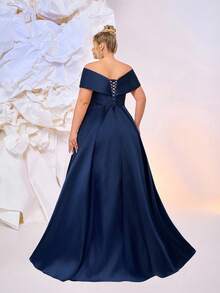 SHEIN Belle Váy maxi trễ vai thêu sequin satin màu sâm panh sang trọng lãng mạn cỡ lớn mùa hè, thích hợp cho tiệc tối, hẹn hò, vũ hội, tốt nghiệp, sự kiện đám cưới (trang trí đậm) - Màu xanh hải quân - Xem 2