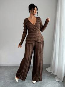 Elenzga Ensemble 2 pièces casual pour femmes grandes tailles, Top à manches longues col V texturé couleur unie et pantalon large - Marron - Voir 4