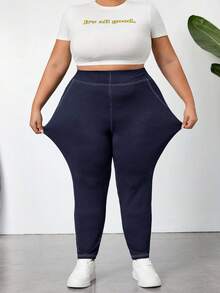 SHEIN CURVE+ Quần legging bó thun co giãn thường ngày cỡ lớn cho nữ có đường khâu lộ rõ, thoáng khí, thấm hút mồ hôi, mùa hè, Curve Plus, Hoho Vacation - Màu xanh hải quân - Xem 6