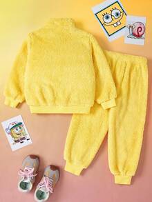 SpongeBob SquarePants | SHEIN Young Girl Cartoon Embroidery Funny Stand Collar Half-Zip Loose Plush Sweatshirt And Pants Set, Autumn/Winter Fall - Yellow - View 2