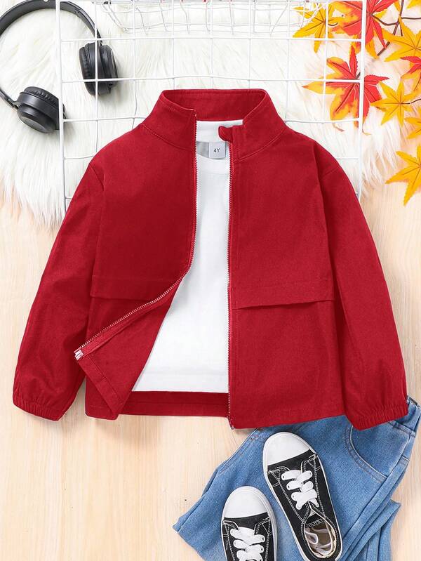 1pc Kids Black Casual Preppy Basic Solid Color Zip-Up Long Sleeve Jacket, Suitable For Commuting, School, Daily Casual, Academy, Kindergarten, Birthday Party, Evening Party, Wedding, Baptism, Back To School, School Uniform, Suitable For Fall/Winter