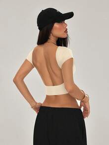 SHEIN PETITE 休闲纯色百搭短款露背T恤，适合娇小身材，夏季 - 杏色 - 查看 8