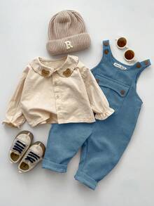 SHEIN Casual Sports Cute & Dropped Shoulder Loose Baggy Pocket Bib Overall Pants, Suitable For Baby Boys & Girls, Autumn/Winter Fall - Dusty Blue - View 3