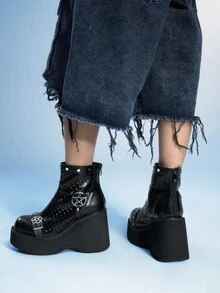 Sugerpunk Giày bốt nữ thời trang thường ngày, thoải mái, thoáng khí, kiểu dáng dự tiệc, khóa kim loại hình ngôi sao tròn đôi, khóa kéo phía sau, phong cách punk, gót dày, thích hợp cho mùa hè. - màu đen - Xem 5