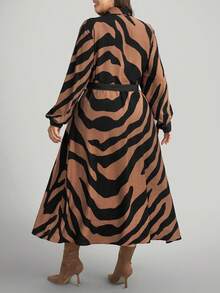 Comfylo Damen Große Größen Zebra-Muster Langarm Einreiher Lässig Hemdblusenkleid - Verschiedenfarbig - Übersicht 2