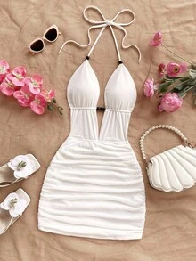 Soleia Vestido mini con escote profundo en V, tirantes con lazo y espalda descubierta para mujer, ajuste ceñido con drapeado, adecuado para fiesta, cita, té de la tarde, vacaciones de verano en la playa con estilo - Blanco - Ver 5