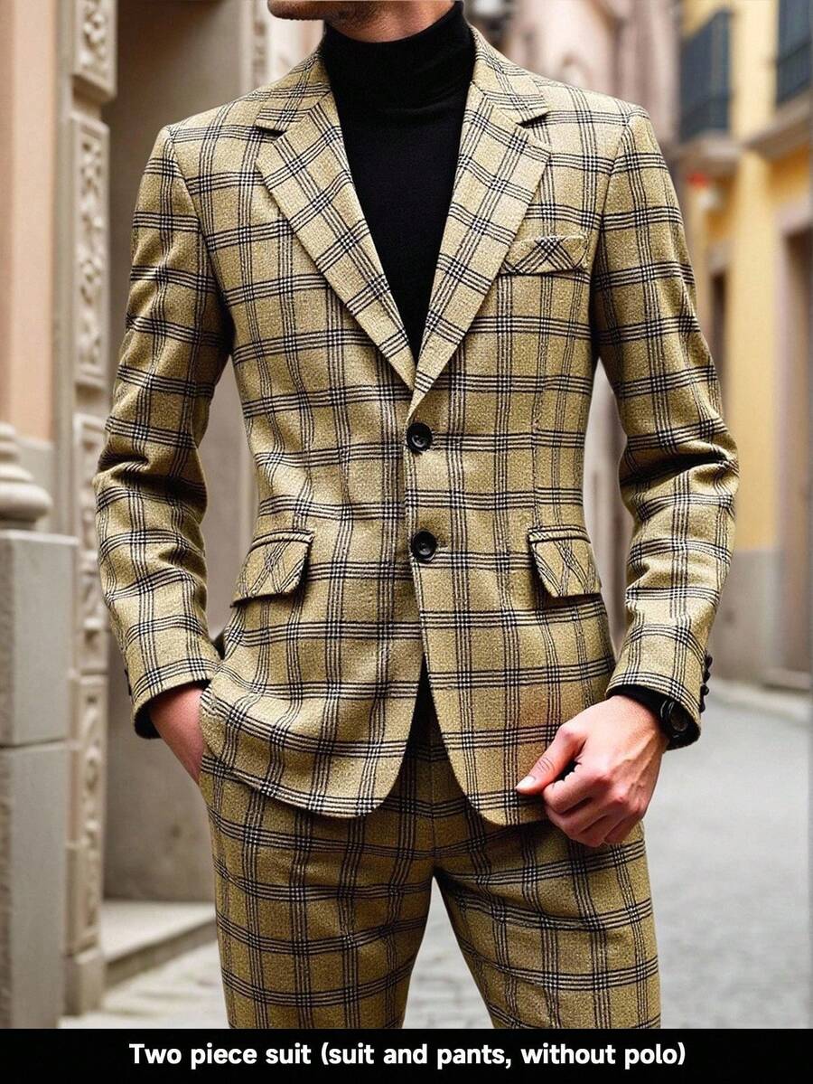 Manfinity Bizformal 男士格子西装套装 - 夹克和裤子 男士格子西装 男士西装外套和裤子 男士套装 男士套装 男士正装套装 男士两件套西装 男士西装 棕色 - 卡其色 - 查看 1