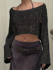 Sunnyshic Casual Versatile Vacation Style Solid Color Cropped Lightweight Off Shoulder Sweater