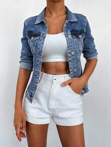 SHEIN Cottnline Flap Pocket Button Front Denim Jacket - Medium Wash - View 4