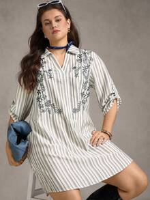 Zelara Vestido de talla grande casual con rayas, bordado floral para uso diario