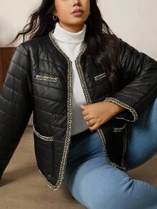 Zelara Plus Size Contrast Color Casual Long Sleeve Padded Coat, Versatile And Warm For Autumn/Winter Black Quilted Jacket Women Women Quilted Jacket Quilted Jacket With Trim Black Jacket With Gold Trim Lightweight Quilted Jacket Cropped Jackets Winter Jackets Autumn Party Fall - Black - View 2