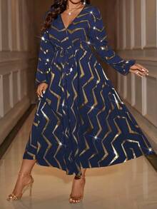 Cravure Vestido largo con cuello en V cruzado, cintura recogida, mangas farol, estampado aleatorio con lámina, cintura con lazo para mujer - Azul Marino - Ver 6