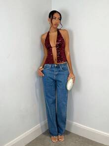 SHEIN BAE 女士优雅露背亮片吊带上衣，适合晚宴、狂欢派对、约会之夜、夜店聚会、秋冬性感装扮、Y2K闪亮圣诞风、圣诞派对女装、节日派对女装、感恩节/性感装扮、夜店风、红色上衣、情人节等场合。 - 酒紅色 - 查看 3