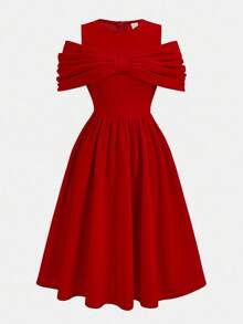 Pitira Teen Girls Partywear Pink Party Dress Big Twist Bow Wrap Midi Dress Bridesmaid Dress Elegant Formal Evening Prom Wedding Guest Dress Suitable For Graduation Ceremony, Dinner Party Dress, Spring Festival,Christmas, Halloween Fall Winter Red Teen Dress Junior Bridesmaids Dress Red Midi Dress Elegant Dress - Red - View 4