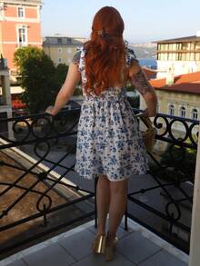 Gretanique New Ditsy Floral Shoulder Tie Cinched Waist Fit & Flare Casual Elegant Summer Holiday Dress, Slim & Flattering