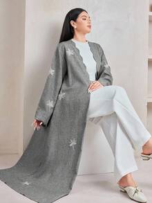 Veilorie Floral Embroidered Wavy Hem Loose Comfortable Arabic Abaya Cover Up - Grey - View 2