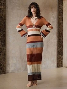 Revavyn 女式秋季深V领长袖镂空条纹修身针织连衣裙 - 彩色 - 查看 5