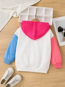 Young Girl Contrast Color Hooded Loose Casual Sweatshirt Fall Winter - Blue - View 2