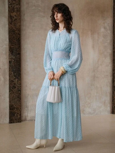 Arave Women's Chiffon Print Waist Version V-Neck Buttoned Large Lantern Sleeves Waist Hollow Lace Design Elegant Date Long Dress Fall Clothes For Women Elegant Dresses For Women