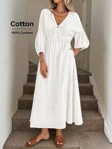 Easowa Đầm suông cổ chữ V, thắt nơ, tay áo đèn lồng, eo nhún, dáng chữ A, viền xòe, hai lớp, chất liệu vải crepe 100% cotton, dáng rộng, phong cách cổ điển, thường ngày dành cho nữ - trắng - Xem 4