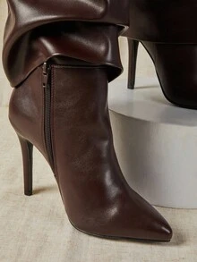 SHUZIA Women's Glamorous Pointy Toe Stiletto Heel Knee High Boots With Rivet Strap Decor - Chocolate Brown - View 7