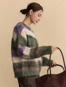 Dazy-Less 女士休闲宽松条纹落肩针织毛衣