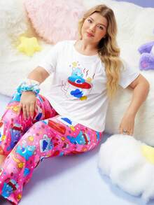Slumberry CURVE SweetSlumber X Carebears Bộ đồ ngủ tay ngắn cổ tròn in hình gấu hoạt hình dễ thương cỡ lớn mùa hè cho nữ - Nhiều màu - Xem 7