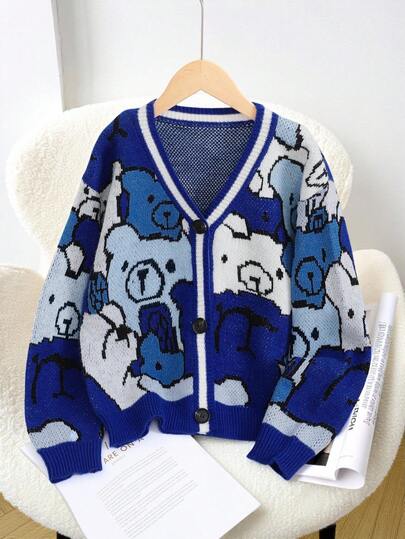 SHEIN Áo khoác cardigan cổ chữ V họa tiết hoạt hình đơn giản, thoải mái cho bé gái tuổi teen